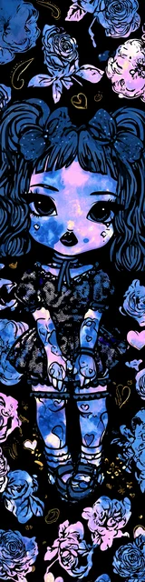 Free kawaii bookmark featuring a standing blue girl with a smeared face style